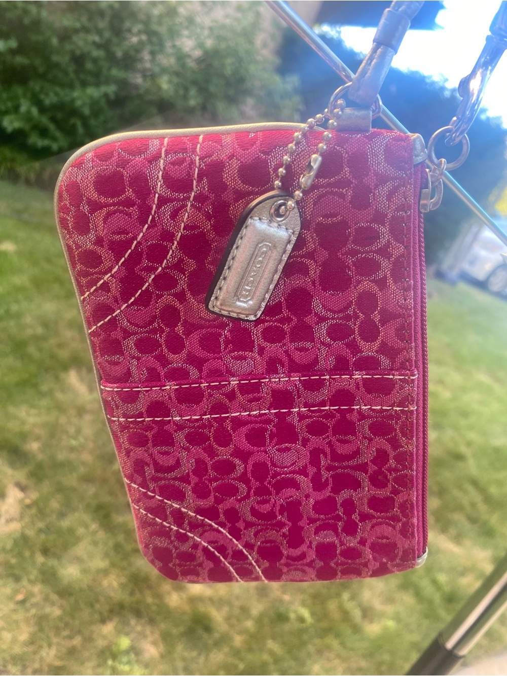 Vintage Coach Signature Wristlet Phone Case in Fuchsia Pink & Silver